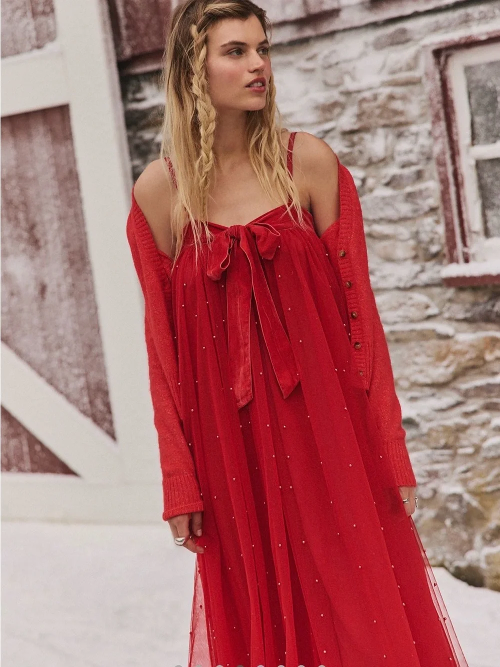 Free People Show Stopper Maxi Dress Red Embellished Mesh – Size Small
